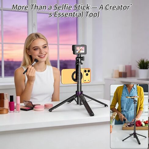 Magnetic Tripod for iPhone with 1/4" Screw, 53" MagSafe Selfie Stick Tripod with Remote & Metal Ring, 4-Leg Stable Phone & Camera Tripod for Video Recording, Gym, Vlogging, TikTok, Travel, Black in Saudi Arabia