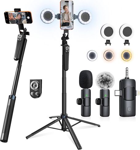 Content Creator Essentials Vlogging Kit for iPhone, 71" Tripod for iPhone Video Recording with Light, Wireless Microphones, Remote, Selfie Stick Phone Stand for TikTok, YouTube in Saudi Arabia