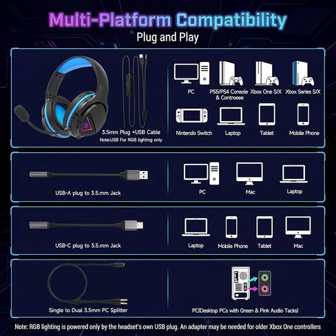 سماعة ألعاب ستيريو Mormoque H20 مع مجموعة محول - تتضمن 3.5 مم، USB-C، USB-A، مقسم كمبيوتر شخصي، لأجهزة الكمبيوتر الشخصية، PS5، PS4، Xbox، Switch، X|S، سماعات رأس سلكية لإلغاء الضوضاء مع ميكروفون للهاتف والكمبيوتر المحمول in Kuwait