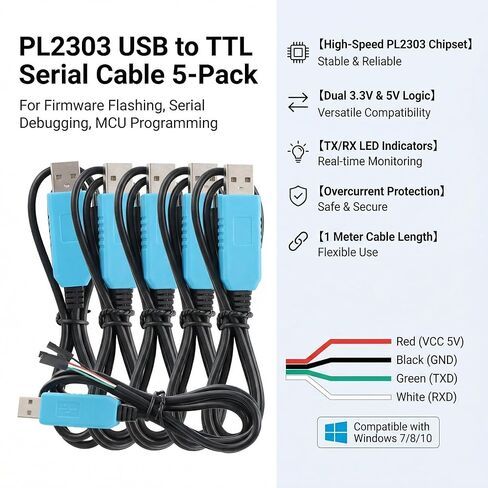 5 قطع PL2303TA USB إلى كابل محول تسلسلي TTL، محول RS232 UART، مخرج 3.3 فولت 5 فولت، 1 متر in Kuwait