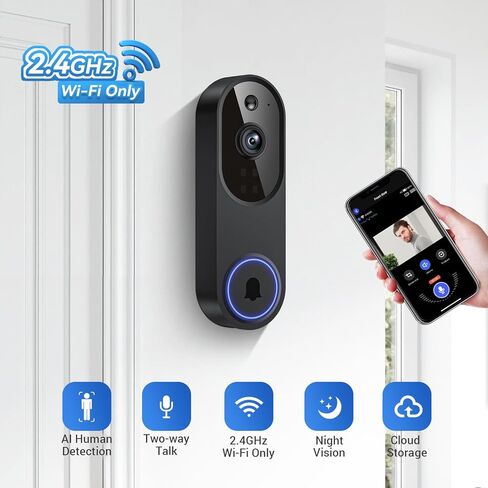 Wireless Video Doorbell Camera, 2.4G WiFi Only, AI Human Detection, Indoor/Outdoor Surveillance Cam for Home Security, 2-Way Talk, Night Vision, Cloud Storage (Sold Separately) in Saudi Arabia