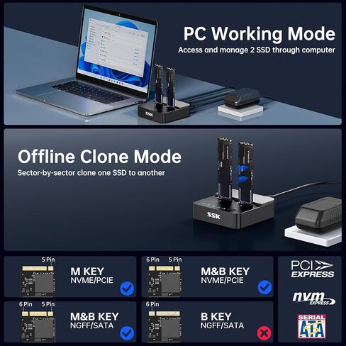 SSK NVMe & SATA SSD Cloner, M.2 Duplicator Dual Bay Dock SSD to USB Adapter, 10Gbps USB3.2 Gen 2 M.2 Docking Station for M Key/B+M Key PCIE3.0/4.0/5.0SSD Reader Supports Offline Clone in Saudi Arabia