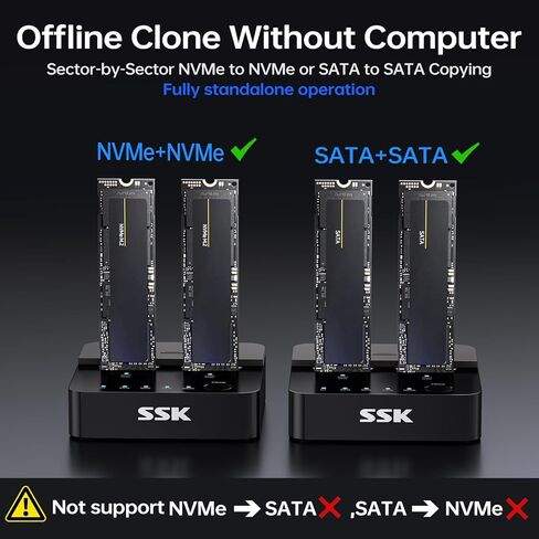 SSK NVMe & SATA SSD Cloner, M.2 Duplicator Dual Bay Dock SSD to USB Adapter, 10Gbps USB3.2 Gen 2 M.2 Docking Station for M Key/B+M Key PCIE3.0/4.0/5.0SSD Reader Supports Offline Clone in Saudi Arabia