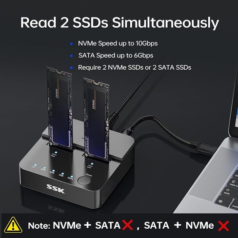 SSK NVMe & SATA SSD Cloner, M.2 Duplicator Dual Bay Dock SSD to USB Adapter, 10Gbps USB3.2 Gen 2 M.2 Docking Station for M Key/B+M Key PCIE3.0/4.0/5.0SSD Reader Supports Offline Clone in Saudi Arabia