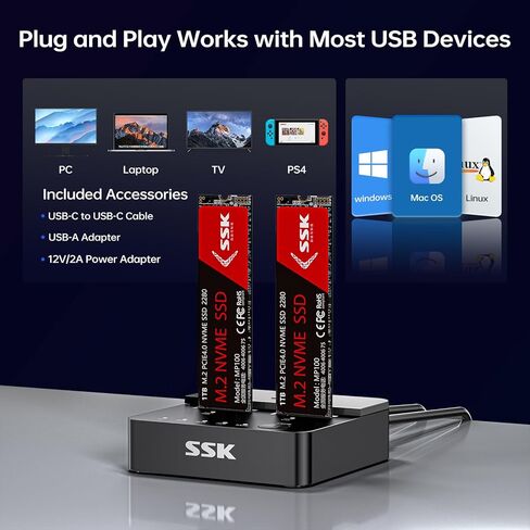 SSK NVMe & SATA SSD Cloner, M.2 Duplicator Dual Bay Dock SSD to USB Adapter, 10Gbps USB3.2 Gen 2 M.2 Docking Station for M Key/B+M Key PCIE3.0/4.0/5.0SSD Reader Supports Offline Clone in Saudi Arabia