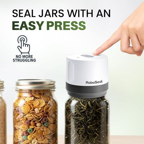 سدادة مكنسة كهربائية من RoboSeal قابلة لإعادة الشحن لبرطمانات ميسون واسعة ومنتظمة، سدادة تفريغ بلمسة واحدة للجرار، تتضمن 10 أغطية، مؤشر البطارية الرقمي، كما يظهر على التلفزيون in Kuwait