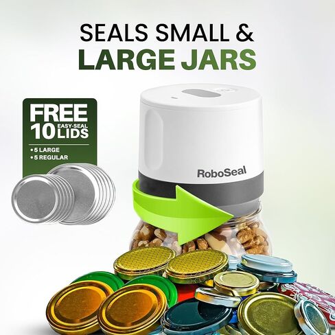 سدادة مكنسة كهربائية من RoboSeal قابلة لإعادة الشحن لبرطمانات ميسون واسعة ومنتظمة، سدادة تفريغ بلمسة واحدة للجرار، تتضمن 10 أغطية، مؤشر البطارية الرقمي، كما يظهر على التلفزيون in Kuwait