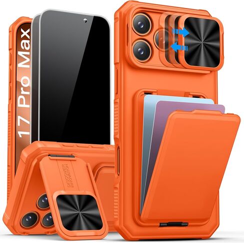 حافظة SSLOTSCASE لهاتف iPhone 17 Pro Max مع واقي شاشة للخصوصية 2X، وحامل بطاقة الائتمان وغطاء عدسة منزلق ومسند ومسند، غطاء هاتف متين من الدرجة العسكرية لهاتف iPhone 17 Pro Max، برتقالي in Kuwait