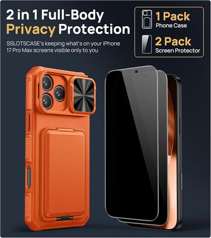 حافظة SSLOTSCASE لهاتف iPhone 17 Pro Max مع واقي شاشة للخصوصية 2X، وحامل بطاقة الائتمان وغطاء عدسة منزلق ومسند ومسند، غطاء هاتف متين من الدرجة العسكرية لهاتف iPhone 17 Pro Max، برتقالي in Kuwait