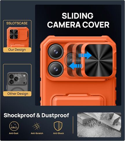 حافظة SSLOTSCASE لهاتف iPhone 17 Pro Max مع واقي شاشة للخصوصية 2X، وحامل بطاقة الائتمان وغطاء عدسة منزلق ومسند ومسند، غطاء هاتف متين من الدرجة العسكرية لهاتف iPhone 17 Pro Max، برتقالي in Kuwait