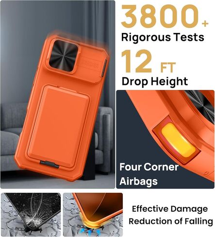 حافظة SSLOTSCASE لهاتف iPhone 17 Pro Max مع واقي شاشة للخصوصية 2X، وحامل بطاقة الائتمان وغطاء عدسة منزلق ومسند ومسند، غطاء هاتف متين من الدرجة العسكرية لهاتف iPhone 17 Pro Max، برتقالي in Kuwait