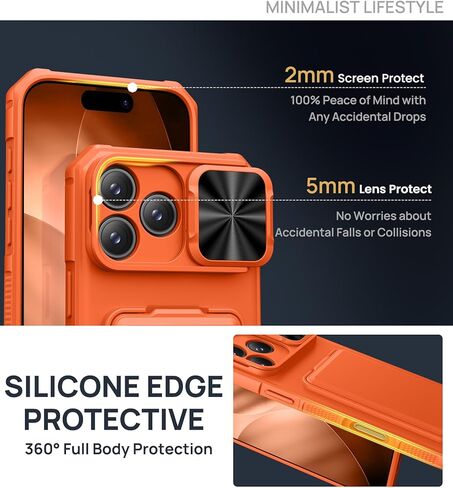 حافظة SSLOTSCASE لهاتف iPhone 17 Pro Max مع واقي شاشة للخصوصية 2X، وحامل بطاقة الائتمان وغطاء عدسة منزلق ومسند ومسند، غطاء هاتف متين من الدرجة العسكرية لهاتف iPhone 17 Pro Max، برتقالي in Kuwait
