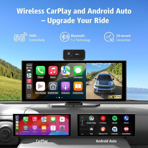 Portable Wireless CarPlay Screen, 10.26" Fully Laminated IPS Touch Screen Car Stereo with Wireless CarPlay & Android Auto, 4K Front 2.5K Rear Dash Cam,1080P Backup Camera,Super Link,Plug & Play in Saudi Arabia