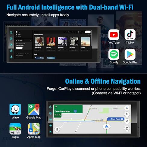 Android Single Din Radio Car Stereo with Wireless Apple CarPlay & Android Auto - 6.9" InCell Touchscreen Car Radio Support Backup Camera, Mirror Link, Bluetooth, GPS, AM&FM, RDS, USB, EQ, SWC in Saudi Arabia