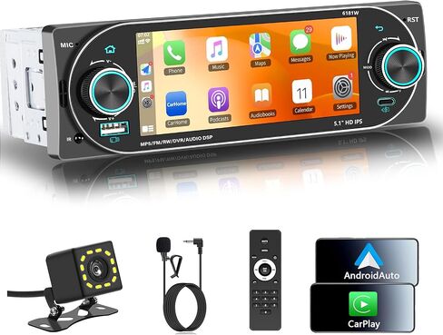 Single DIN Radio Car Stereo Wireless Apple Carplay，Dual Knobs & HD Touchscreen Radio for Car， Bluetooth 6.0 Car Play Android Auto, 60W x 4 Output, AM/FM Radio，USB,SWC, Backup Camera (Black) in Saudi Arabia