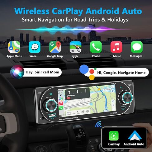 Single DIN Radio Car Stereo Wireless Apple Carplay，Dual Knobs & HD Touchscreen Radio for Car， Bluetooth 6.0 Car Play Android Auto, 60W x 4 Output, AM/FM Radio，USB,SWC, Backup Camera (Black) in Saudi Arabia