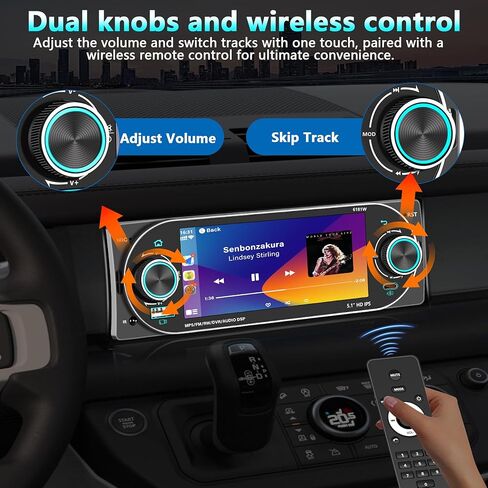 Single DIN Radio Car Stereo Wireless Apple Carplay，Dual Knobs & HD Touchscreen Radio for Car， Bluetooth 6.0 Car Play Android Auto, 60W x 4 Output, AM/FM Radio，USB,SWC, Backup Camera (Black) in Saudi Arabia