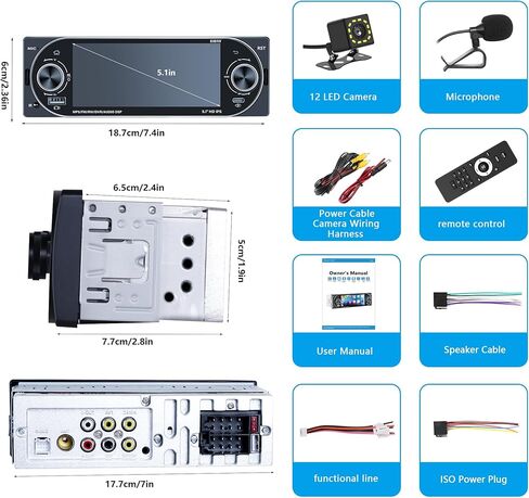 Single DIN Radio Car Stereo Wireless Apple Carplay，Dual Knobs & HD Touchscreen Radio for Car， Bluetooth 6.0 Car Play Android Auto, 60W x 4 Output, AM/FM Radio，USB,SWC, Backup Camera (Black) in Saudi Arabia