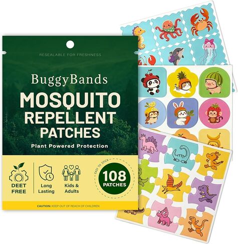 BuggyBands Mosquito Repellent Stickers for Kids – 108 Pack Waterproof PU Mosquito Patches (Dinosaur, Ocean & Fruit Themes) – Plant-Based Essential Oils, DEET-Free – Safe for Toddlers & Children in Saudi Arabia