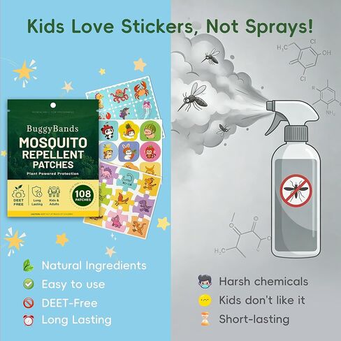 BuggyBands Mosquito Repellent Stickers for Kids – 108 Pack Waterproof PU Mosquito Patches (Dinosaur, Ocean & Fruit Themes) – Plant-Based Essential Oils, DEET-Free – Safe for Toddlers & Children in Saudi Arabia