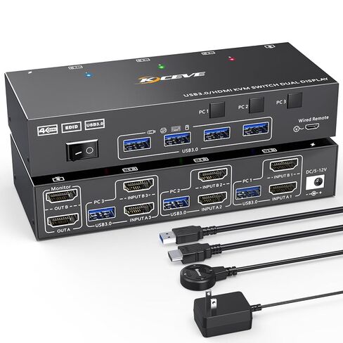 HDMI KVM Switch 2 شاشات 3 أجهزة كمبيوتر 4K@60 هرتز، محاكي EDID، مفتاح KVM مزدوج الشاشة لـ 3 أجهزة كمبيوتر تشارك شاشتين و4 منافذ USB 3.0، جهاز تحكم عن بعد سلكي وكابلات USB متضمنة، أسود in Kuwait
