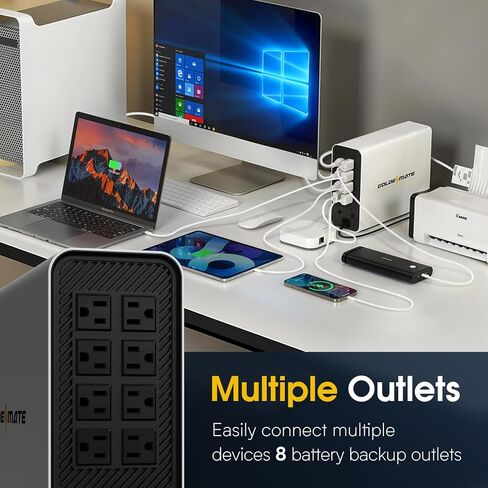 GOLDENMATE 1000VA / 800W بطارية ليثيوم UPS احتياطية وواقي من زيادة التيار، أبيض | موجة جيبية نقية، 8 منافذ، شاشة LCD ملونة، بطارية احتياطية LiFePO4 بقدرة 230 وات في الساعة، مصدر طاقة غير منقطع للكمبيوتر/الإنترنت/المكتب المنزلي in Kuwait