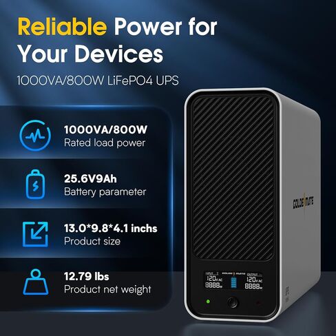 GOLDENMATE 1000VA / 800W بطارية ليثيوم UPS احتياطية وواقي من زيادة التيار، أبيض | موجة جيبية نقية، 8 منافذ، شاشة LCD ملونة، بطارية احتياطية LiFePO4 بقدرة 230 وات في الساعة، مصدر طاقة غير منقطع للكمبيوتر/الإنترنت/المكتب المنزلي in Kuwait