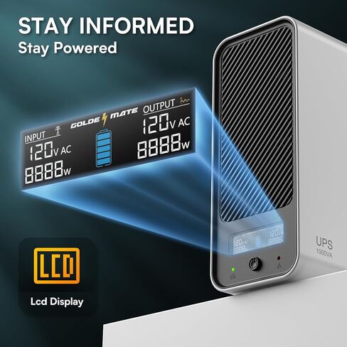 GOLDENMATE 1000VA / 800W بطارية ليثيوم UPS احتياطية وواقي من زيادة التيار، أبيض | موجة جيبية نقية، 8 منافذ، شاشة LCD ملونة، بطارية احتياطية LiFePO4 بقدرة 230 وات في الساعة، مصدر طاقة غير منقطع للكمبيوتر/الإنترنت/المكتب المنزلي in Kuwait