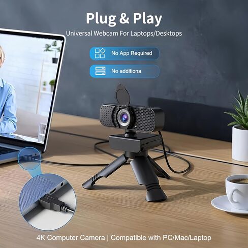 4K Webcam with Autofocus & Tripod, Camera for PC Laptop with Dual Microphone, USB Computer Camera with Low Light Correction, Auto White Balance, Video Camera for Streaming, Meetings, Office, Zoom in Saudi Arabia