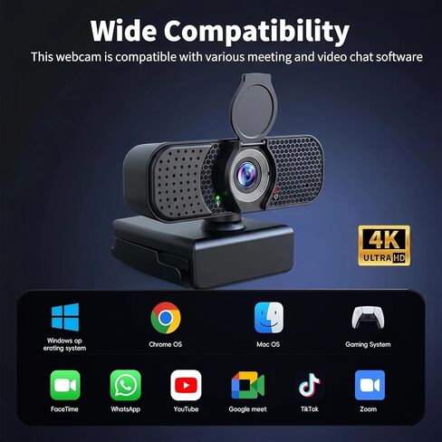 4K Webcam with Autofocus & Tripod, Camera for PC Laptop with Dual Microphone, USB Computer Camera with Low Light Correction, Auto White Balance, Video Camera for Streaming, Meetings, Office, Zoom in Saudi Arabia