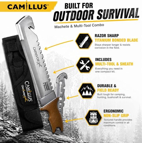 Camillus Carnivore XZ 8 "مجموعة سكاكين ذات نصل ثابت مع أداة متعددة، سكين تخييم من الفولاذ المربوط بالتيتانيوم مع غمد in Saudi Arabia