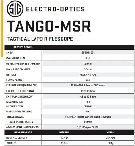 SIG SAUER Tango-MSR LPVO 1-6X24 30mm Tube F2 / المستوى البؤري الثاني Riflescope مع Hellfire مضيئة FL-6 شبكاني - متين مقاوم للماء ومضاد للضباب نطاق بندقية صيد سوداء - أغطية العدسات متضمنة in Saudi Arabia