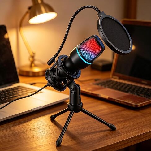 USB Condenser Gaming Mic | Rotary Gain, Fast Mute, Shock Mount | HD Voice, Noise Reduction, RGB Light | PS4/5 & PC Compatible in Saudi Arabia