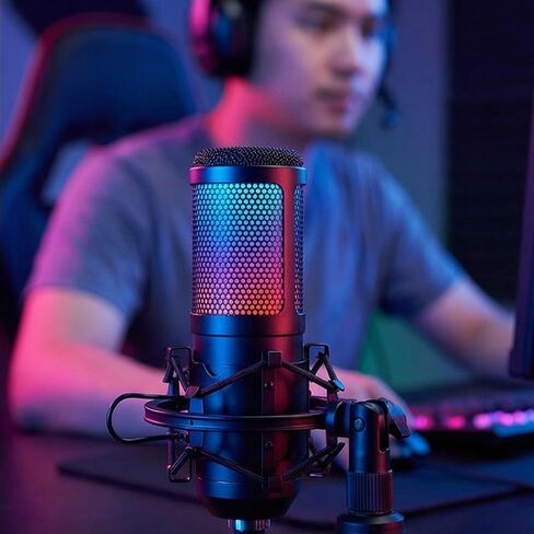 USB Condenser Gaming Mic | Rotary Gain, Fast Mute, Shock Mount | HD Voice, Noise Reduction, RGB Light | PS4/5 & PC Compatible in Saudi Arabia