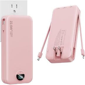Nusyddy Portable Charger, 10000mAh PD20W Fast Charging Power Bank with Built-in Cables & Wall Plug, Travel Essentials External Battery Pack, USB C Battery Phone Charger for iPhone, iPad, Samsung Pink in Saudi Arabia