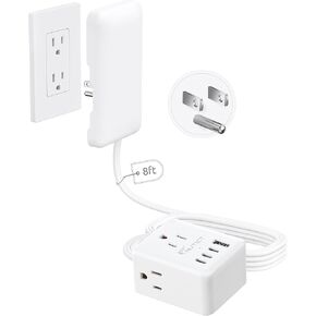 سلك تمديد قصير NUTICT بطول 3 أقدام مع غطاء مخرج، شريط طاقة مسطح مع 3 منافذ و3 USB-C ومنفذ USB-A، قابل للتركيب على الحائط، موسع منفذ وجه مسطح مخفي خلف الأريكة، السرير، المكتب، أبيض in Kuwait