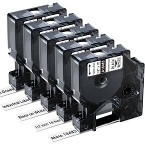 5X ملصقات بوليستر دائمة صناعية من وحيد القرن 1/2 بوصة بيضاء 18483 بديلة لشريط الملصقات Dymo Rhino 4200 12 مم × 5.5 متر متوافق مع صانع الملصقات Dymo الذي يعيد تعبئة RhinoPRO 5200 4200 6000 5000 3000 1000 in Kuwait