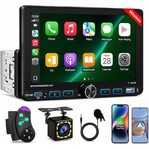 ستيريو سيارة أحادي الدين مقاس 7 بوصات مع Apple CarPlay اللاسلكي، شاشة IPS تعمل باللمس 800 × 480، بلوتوث 5.2 راديو سيارة مع كاميرا احتياطية، FM/AM/RDS، Android Auto، SWC، ملاحة GPS، USB، شحن سريع من النوع C in Kuwait