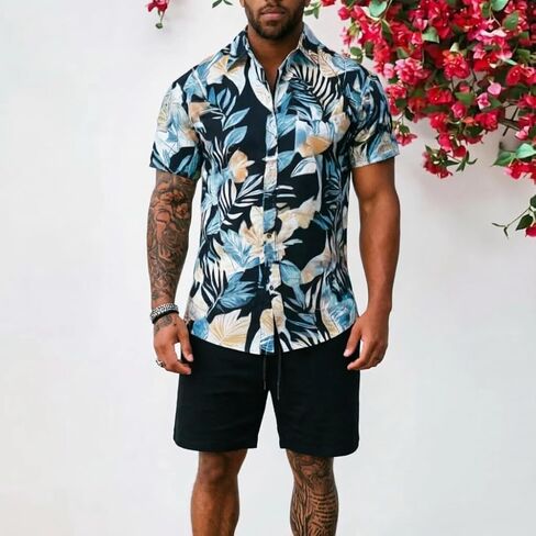 Men's Track Suit 2 Piece Lightning Print Short Sleeve Crew Neck & Shorts Set in Saudi Arabia