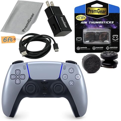 وحدة التحكم اللاسلكية PremGear DualSense (فضية) متوافقة مع PlayStation 5 (PS5) ThumbSticks المجمعة (عبوتان: 1 عالية الارتفاع، 1 متوسطة الارتفاع)، كابل شحن USB بطول 6 أقدام، محول حائط وقماش in Saudi Arabia