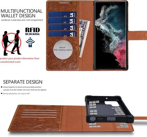 محفظة جلدية متوافقة مع هاتف Samsung Galaxy S25 Ultra، جلد طبيعي 2 في 1، مغناطيسي قابل للفصل ومقاوم للصدمات، غطاء قابل للطي مع فتحة للبطاقة، RFID بني داكن in Kuwait
