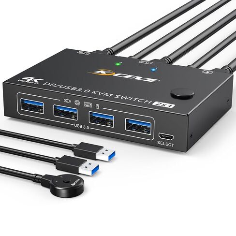 KCEVE KVM Switch 1 Monitor 2 Computers Displayport، USB 3.0 KVM Switch Displayport لـ 2 كمبيوتر مشاركة شاشة واحدة و4 أجهزة USB، 4K@144 هرتز، مع جهاز تحكم سلكي (4K DP 2 في 1 خارج KVM) in Kuwait