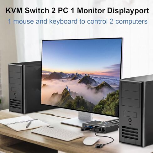 KCEVE KVM Switch 1 Monitor 2 Computers Displayport، USB 3.0 KVM Switch Displayport لـ 2 كمبيوتر مشاركة شاشة واحدة و4 أجهزة USB، 4K@144 هرتز، مع جهاز تحكم سلكي (4K DP 2 في 1 خارج KVM) in Kuwait