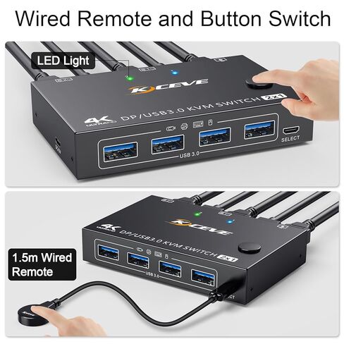 KCEVE KVM Switch 1 Monitor 2 Computers Displayport، USB 3.0 KVM Switch Displayport لـ 2 كمبيوتر مشاركة شاشة واحدة و4 أجهزة USB، 4K@144 هرتز، مع جهاز تحكم سلكي (4K DP 2 في 1 خارج KVM) in Kuwait