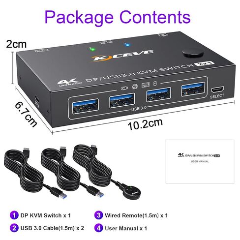 KCEVE KVM Switch 1 Monitor 2 Computers Displayport، USB 3.0 KVM Switch Displayport لـ 2 كمبيوتر مشاركة شاشة واحدة و4 أجهزة USB، 4K@144 هرتز، مع جهاز تحكم سلكي (4K DP 2 في 1 خارج KVM) in Kuwait