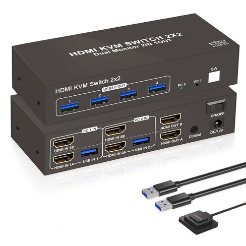 Dual Monitor KVM Switch 2 Monitors 2 Computers, HDMI 4K 60Hz HDMI USB3.0 KVM Switcher 2 in 2 Out with 4 USB Ports to Share Mouse Keyboard Printer and More in Saudi Arabia