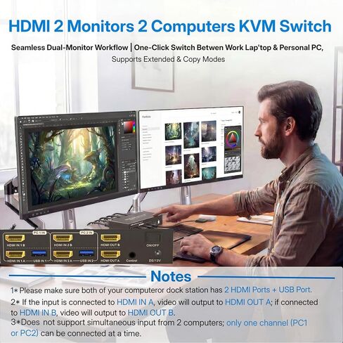 Dual Monitor KVM Switch 2 Monitors 2 Computers, HDMI 4K 60Hz HDMI USB3.0 KVM Switcher 2 in 2 Out with 4 USB Ports to Share Mouse Keyboard Printer and More in Saudi Arabia