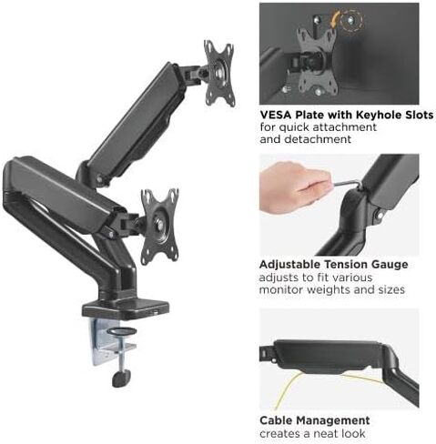 Black Dual Gas Spring Monitor Arm with clamp for 17" to 32" Screen Size in Saudi Arabia