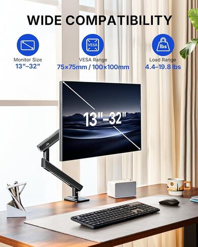 HUANUO FlowLift™ Pro Monitor Arm for 13–32" Screens, MechaSpring™ Monitor Mount, Fully-Adjustable Monitor Stand with Tilt/Swivel/Rotation, Tool-Free VESA Mount, C-Clamp/Grommet Base, Max Load 19.8 lbs in Saudi Arabia