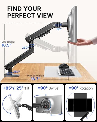 HUANUO FlowLift™ Pro Monitor Arm for 13–32" Screens, MechaSpring™ Monitor Mount, Fully-Adjustable Monitor Stand with Tilt/Swivel/Rotation, Tool-Free VESA Mount, C-Clamp/Grommet Base, Max Load 19.8 lbs in Saudi Arabia